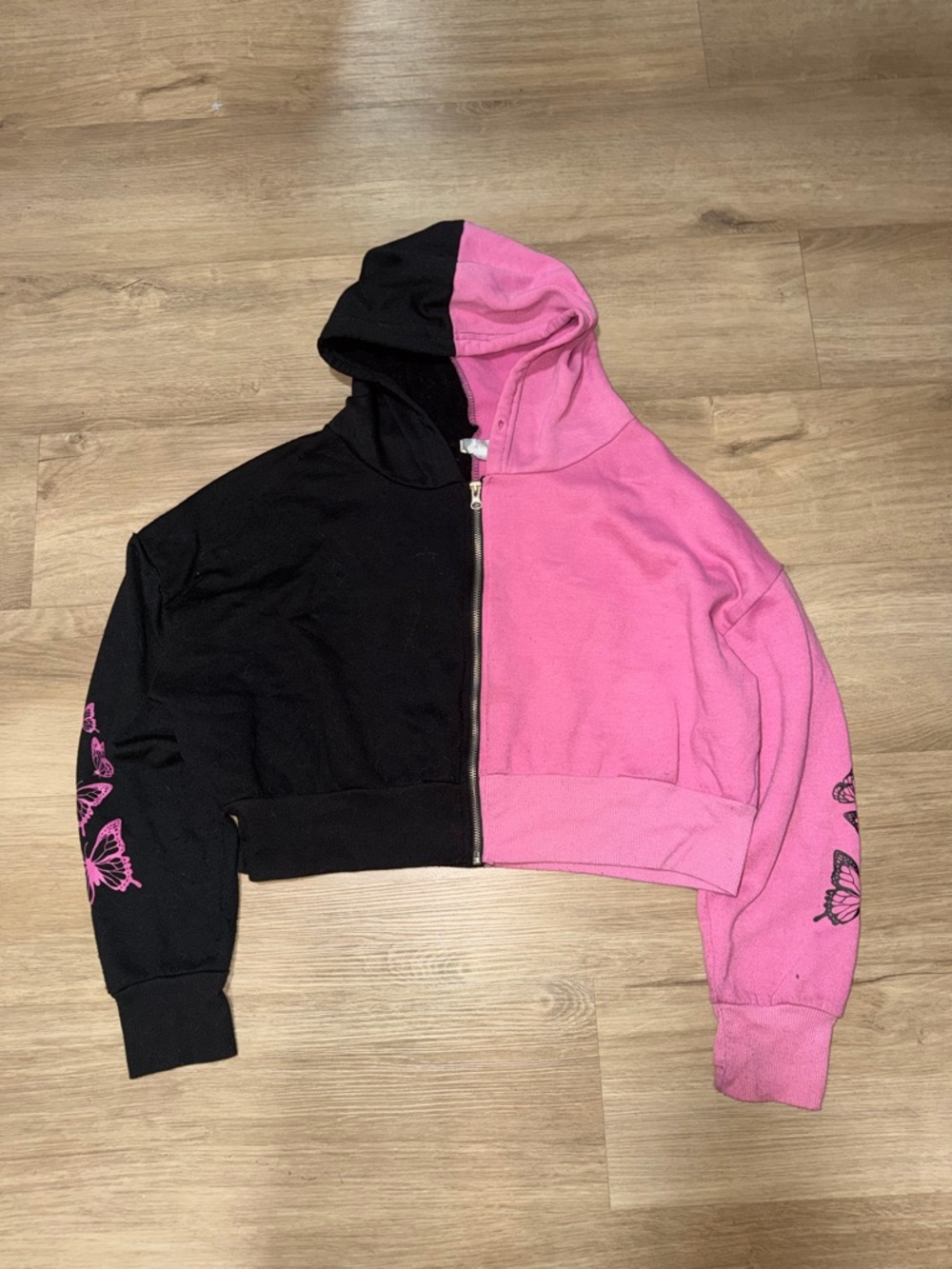 Black & Pink Cropped Zip Hoodie with Butterfly Sleeve Detail